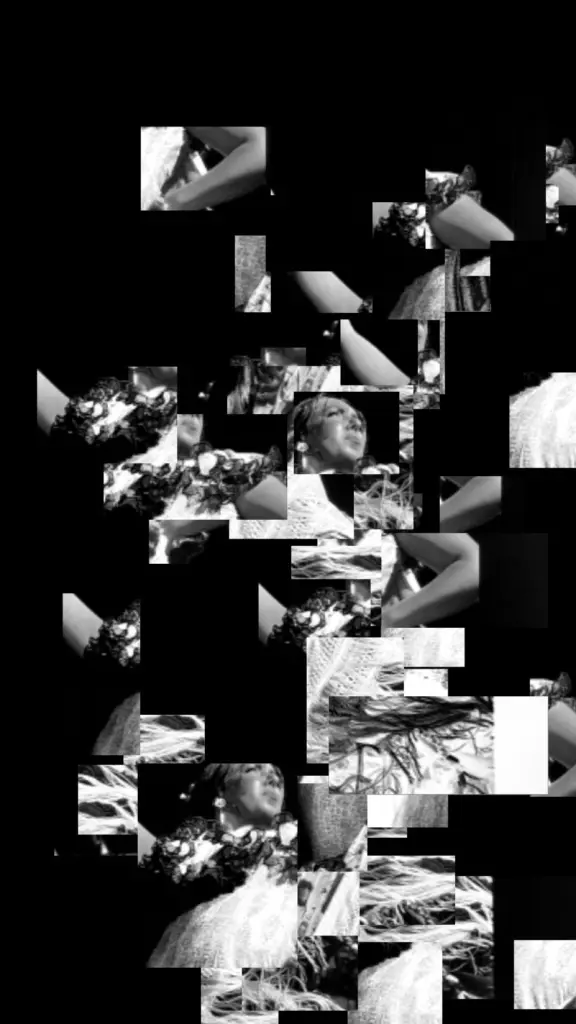 Fragmented black-and-white portrait of a woman in a floral dress at Noche del Vino